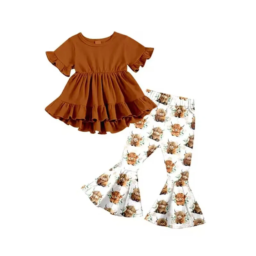 

Boutique clothing wholesale children's sets suits highland cow bell pants girls sets children's set pajamas family clothing