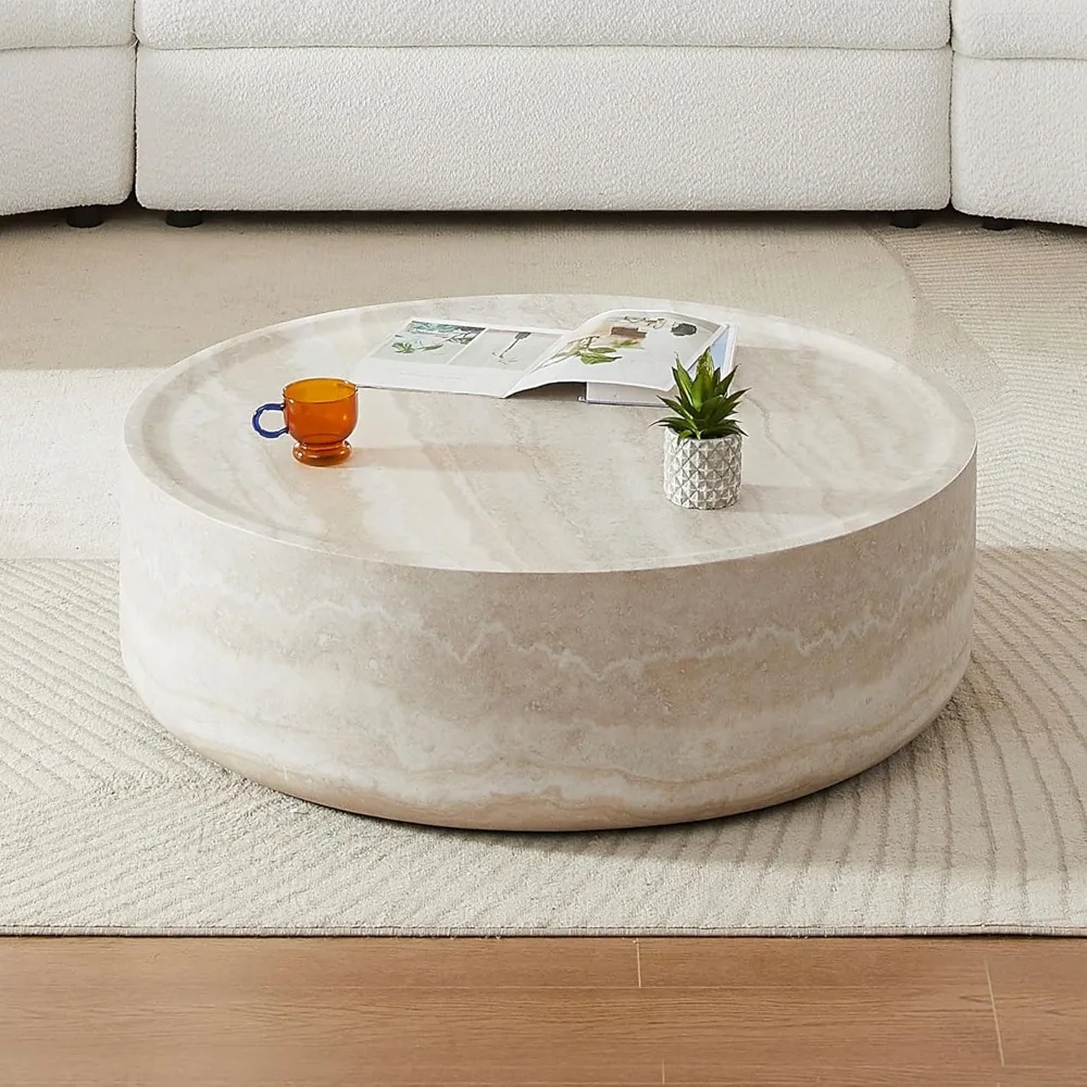 Round Coffee Table, 39.37” Tea Faux Travertine Textured Tables Fiberglass Side Tables End Table for Living Room, Apartment 6