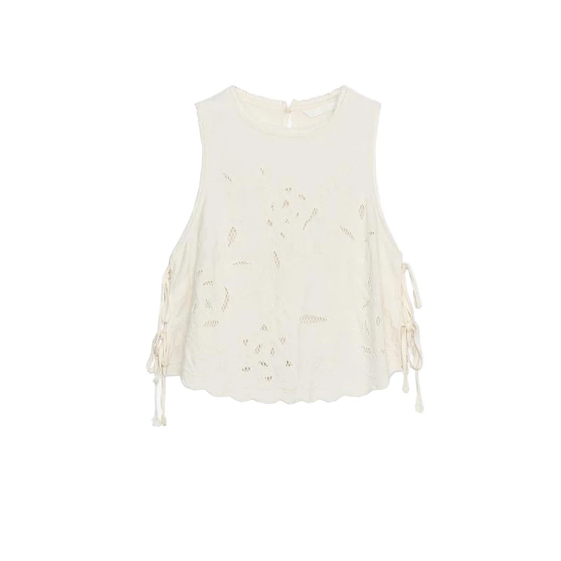 Summer New Women's Embroidered Lace  Knot round Ne Svel Top Commute Sle Loose Fit  Color Polyester Fiber