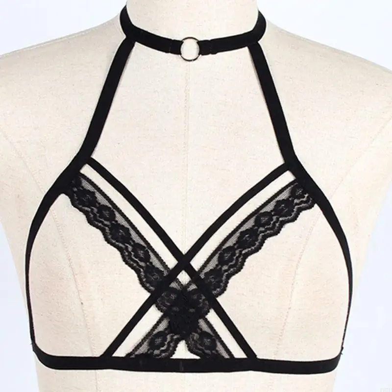 P8DB Womens Sexy Cage Halter V-Neck Lingerie Bustier Hollow Open Cup Harness Bra Cris