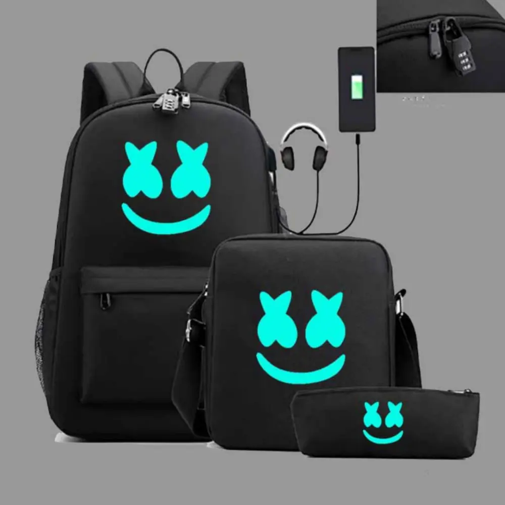 패션 배낭 소녀 소년 학교 배낭 학생 빛나는 USB 충전 학교 가방 십대 Schoolbag Bagpack 배낭 3PCS