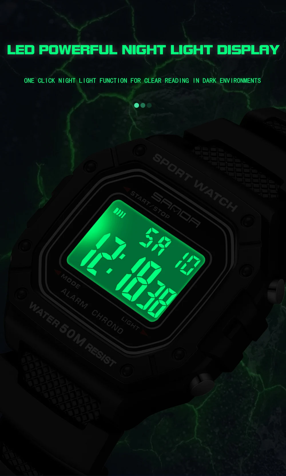SANDA Fashion Men's Rectangular Waterproof LED Sports Watch