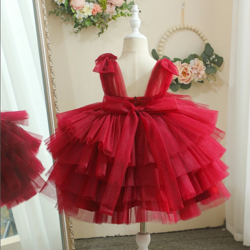 

Burgundy Flower Girl Dress Puff Tulle Sleeveless Girls Princess Wedding Party Dress First Communion Gown