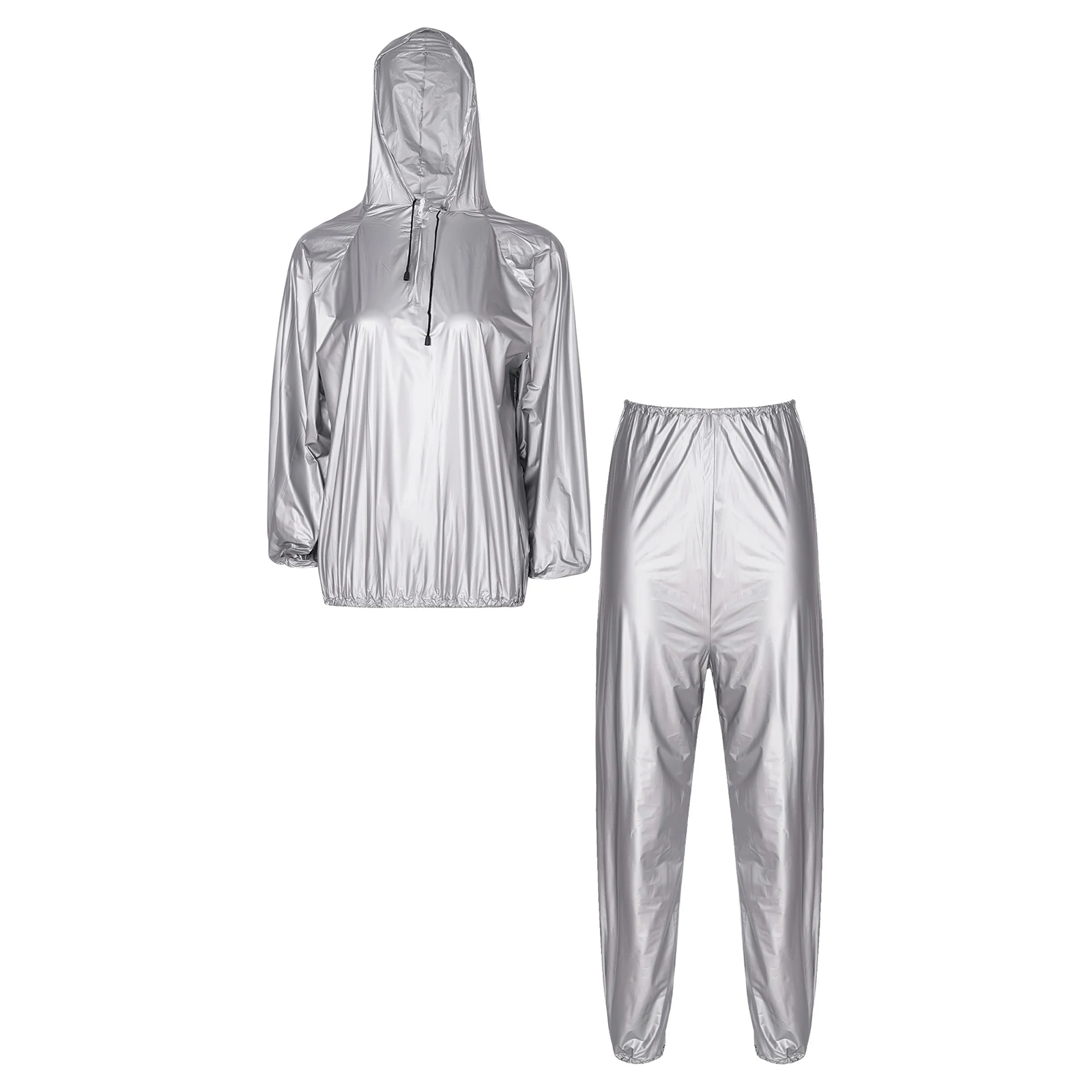 Mens Womens Sauna Suit PVC Sports Suit Unisex Slimming Fitness Workout Outfits Long Sleeve Tops with Elastic Waistband Pants