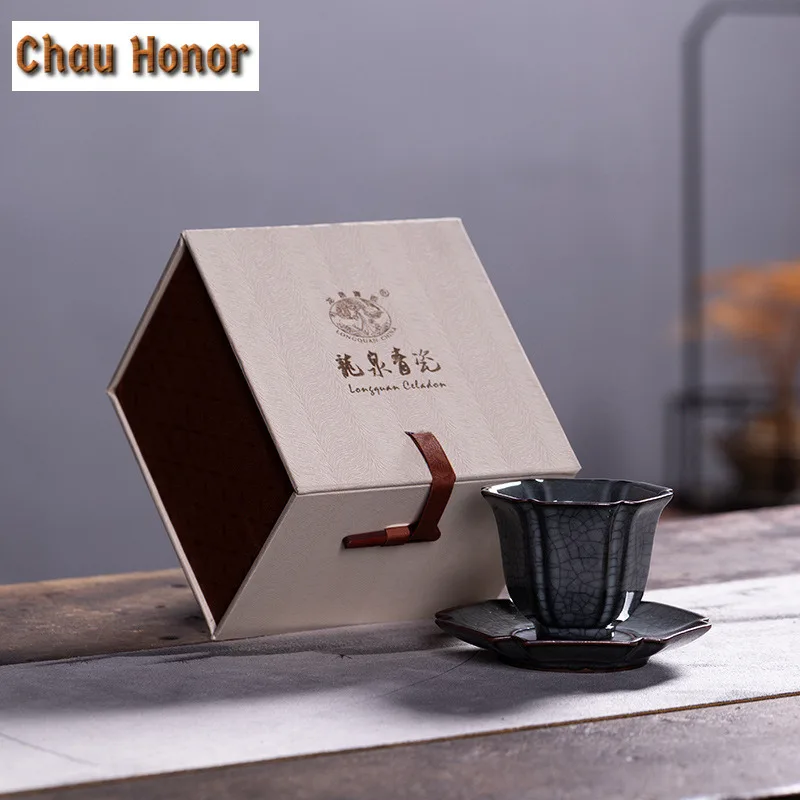85ml Handmade Longquan Celadon Iron Tire Teacup Tea Bowl Beautiful Cup Saucer Kit Tea-tasting Mug Chazhan Master Cups Drinkware