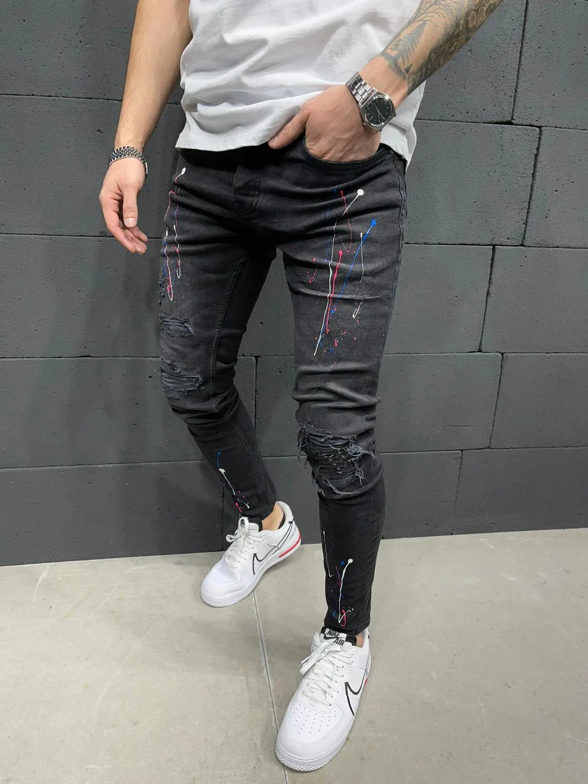 Men's Jeans Slim Fit Ripped Fashion Paint Hip Hop Man Denim Street Style Youth Cool Trousers Stretch Hole Patchwork Pants