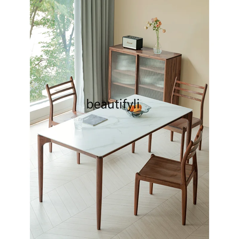 

Stone Plate Dining Table Solid Wood Table and Chair Combination Small Apartment Black Walnut Rectangular Modern Minimalist