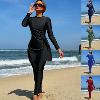 Costume da bagno conservativo a maniche lunghe da donna, due pezzi, per surf, protezione UV, alta elasticità, in poliestere