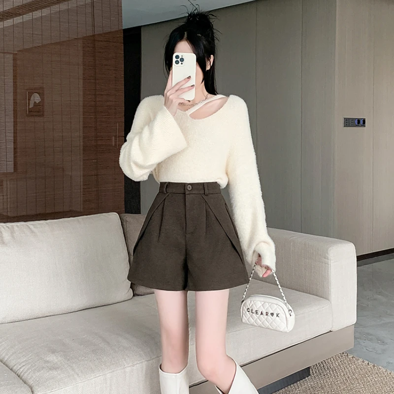 Tweed Shorts Women Korean Style Solid Color High-waisted Thin Wide Leg Loose Shorts Office Lady Fashion Basic Streetwear Female