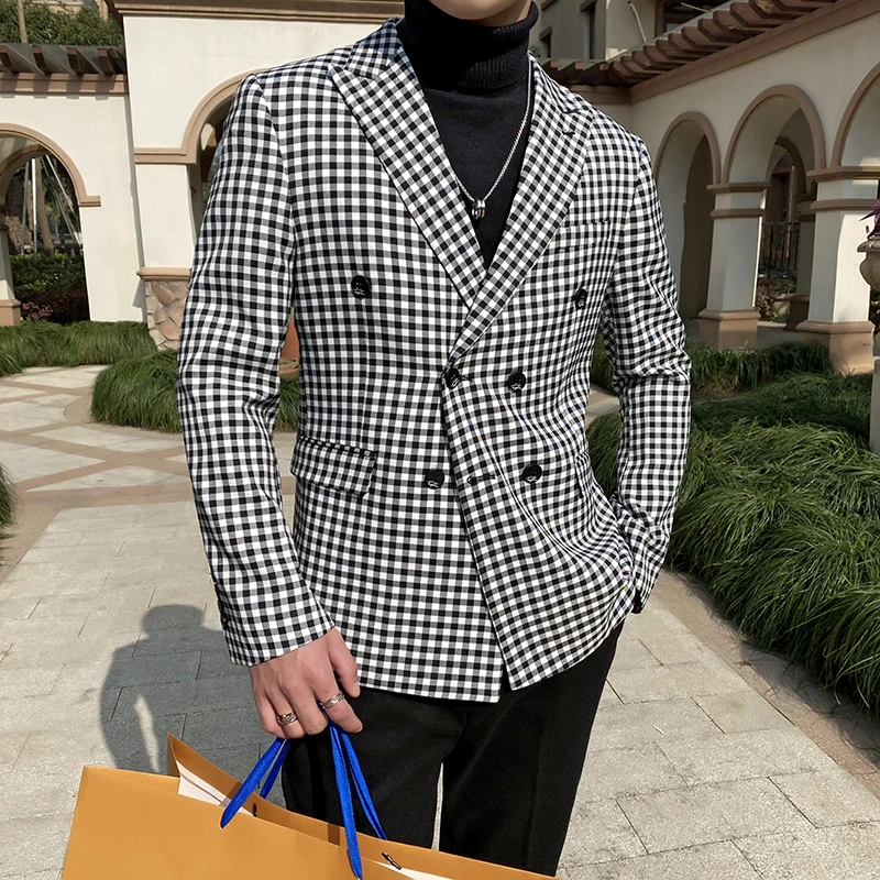 

Complete Elegant Man Double Breasted Blazers Mens Houndstooth Plaid Fashionable Jacket For Mens Gentlemen Social Blazer Slim Fit