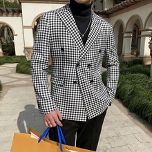  Complete Elegant Man Double Breasted Blazers Mens Houndstooth Plaid Fashionable Jacket For Mens Gentlemen Social Blazer Slim Fit 