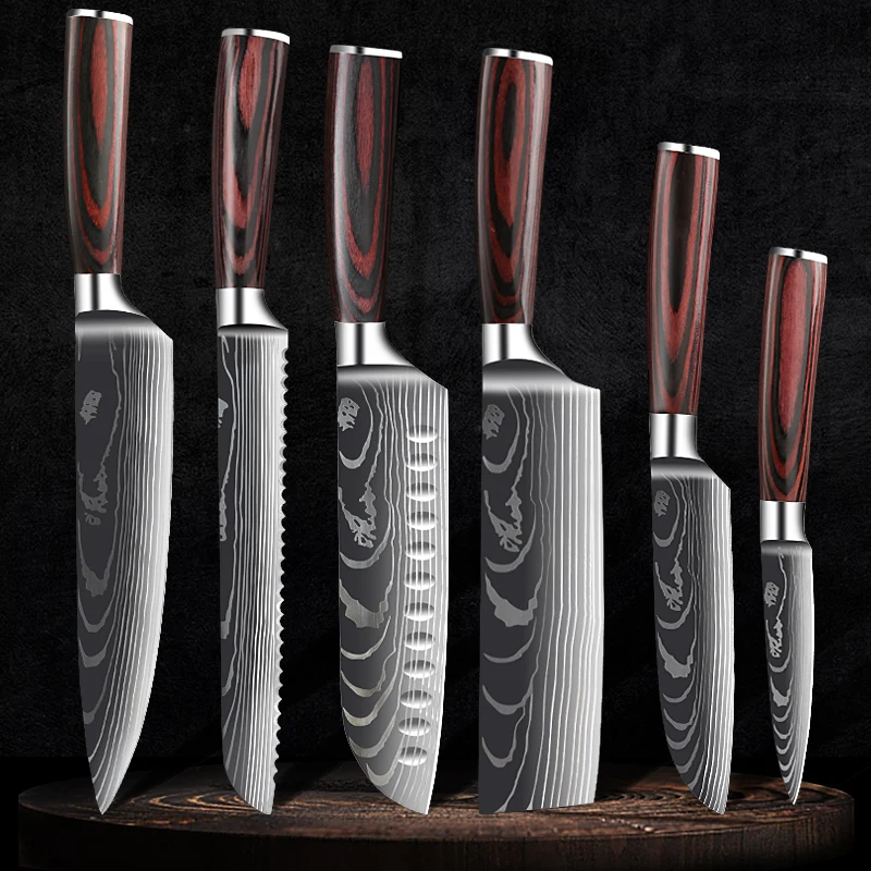 Chef Knife Set 7CR17MOV Stainless Steel Laser Damascus Pattern Japanese Kitchen Cleaver Utility Slicing Santoku Knife with Cover 