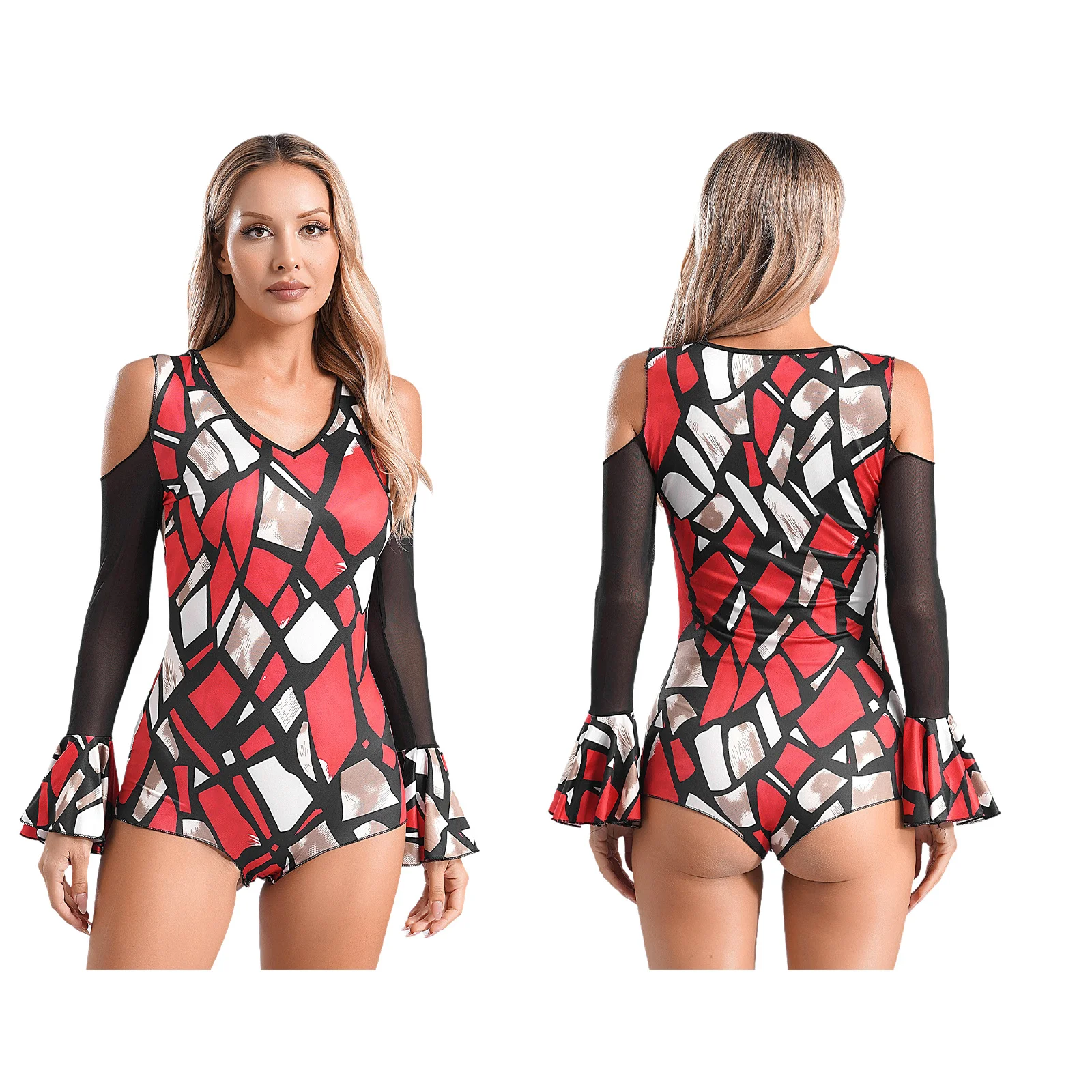 thumbnail image 1 of Traje de actuación de Tango Cha-Cha Samba para mujer, leotardo de baile latino con cuello en V y hombros descubiertos, mono de manga larga acampanada de malla transparente, 1 of 5