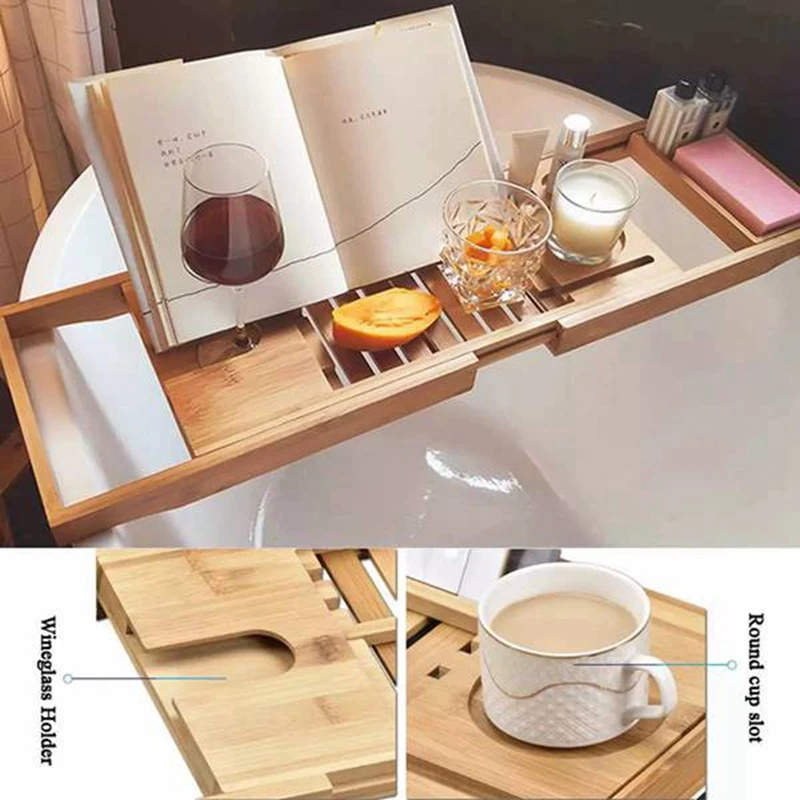 

Extendable Bamboo Bathtub Tray Nonslip Bath Tray Spa Bathtub Caddy Organizer Book Wine Tablet Holder Reading Rack