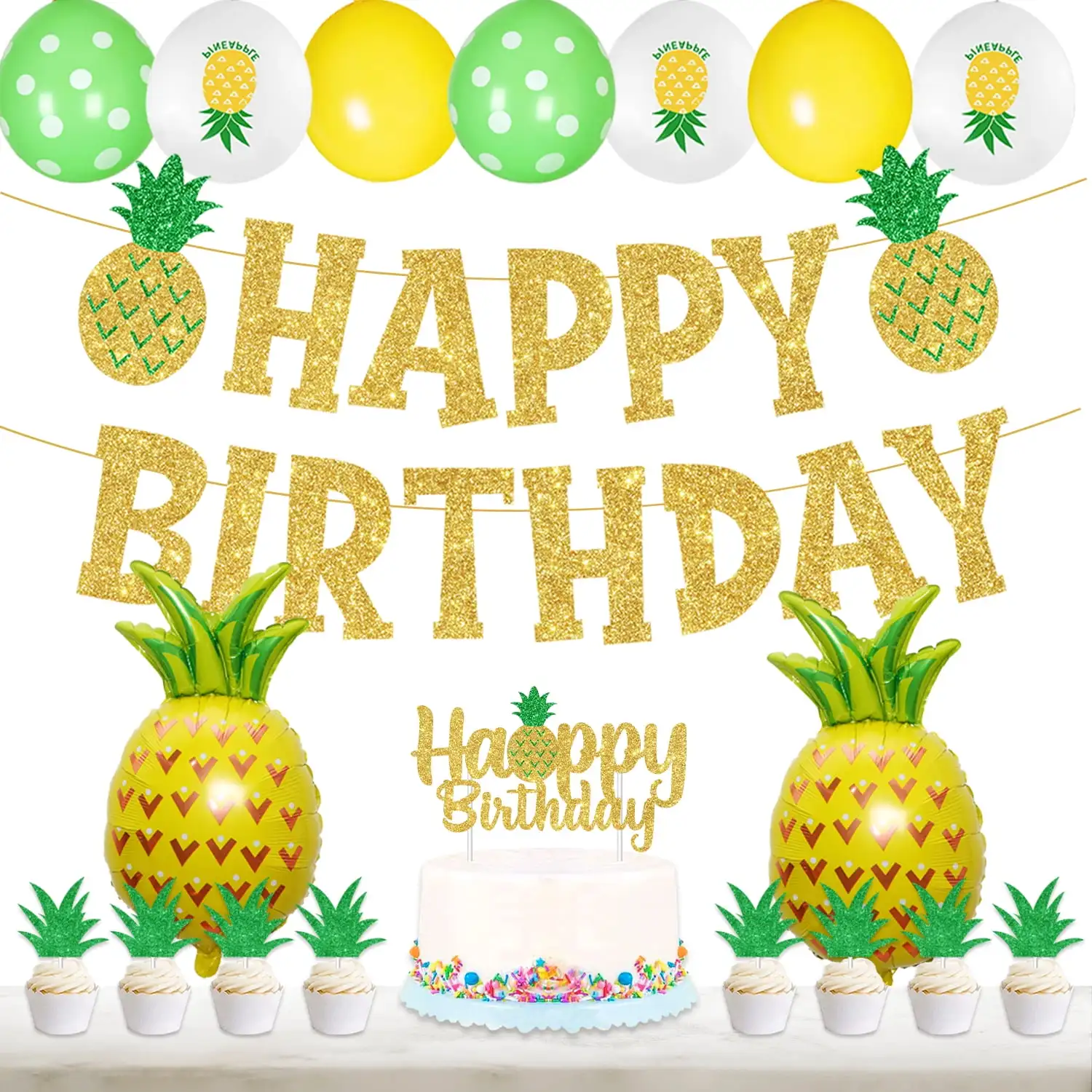 

Pineapple Theme Birthday Decor with Glitter Birthday Banner Pineapple Balloons for Boys Girls Fruit Party Decorations