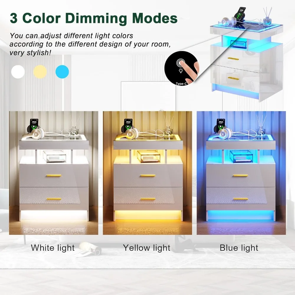 LED Nightstands 2 Storage Drawers Smart Night Stand Auto Sensor Lights Modern Bed Side Table Charging Station