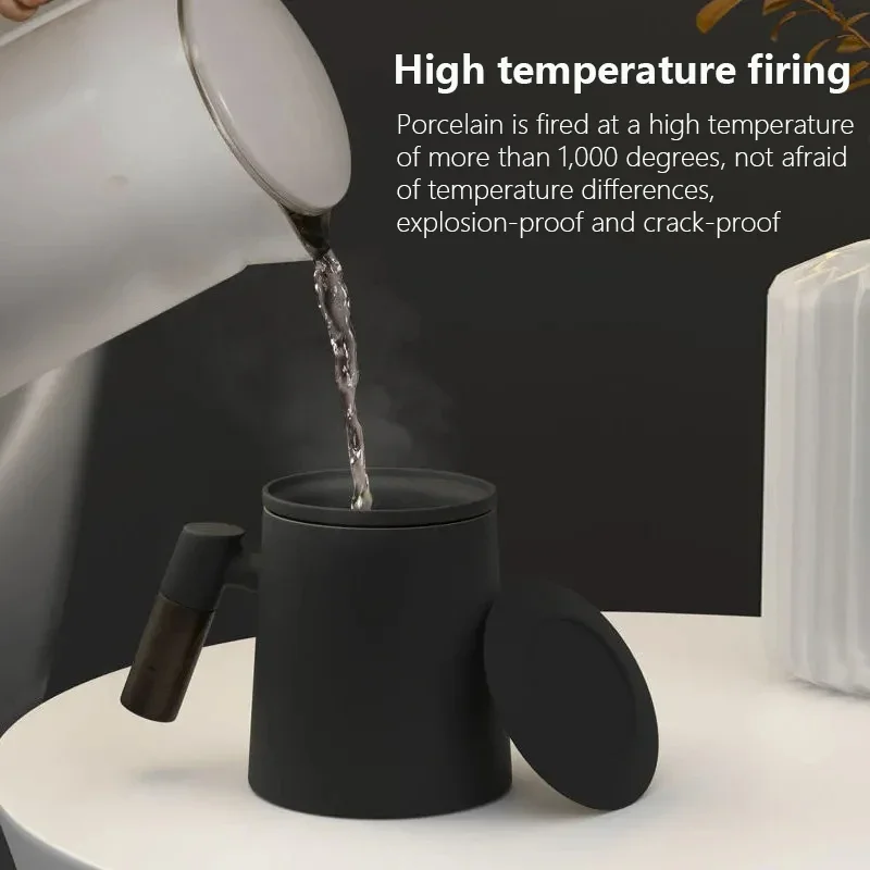Manico Legno Anti Scottatura Tazza Da Tè Tomotime In Ceramica - Con Infusore E Coperchio, Manico Legno, 400ml Nero Tè Sfuso - 2