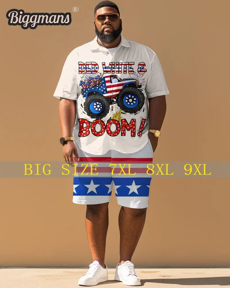 Biggmans Plus Size L-9Xl Plus Size Men's Clothing Independence Day Flag Car Printed Short Sleeve Shirt Shorts Suit Set