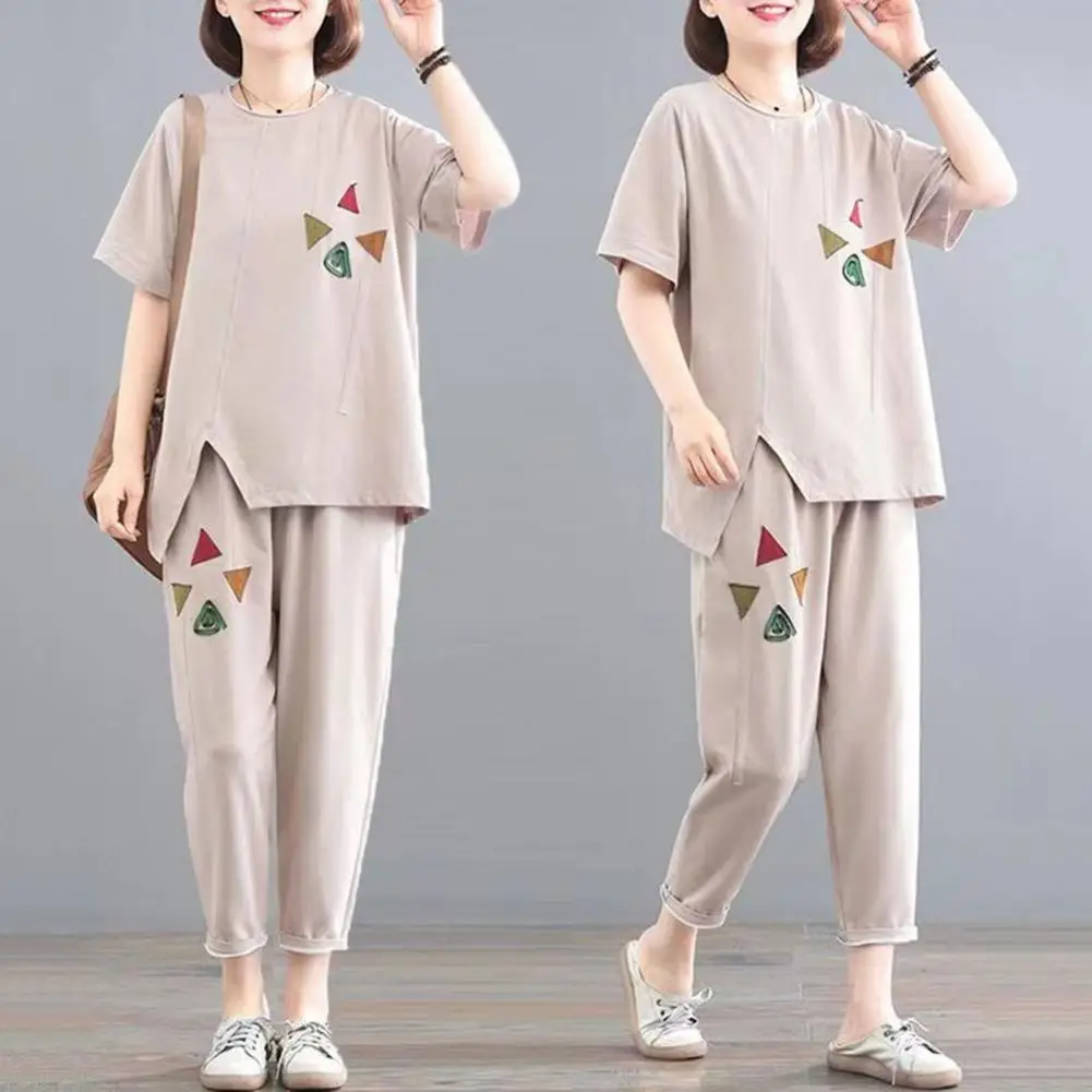 

2Pcs/Set O-Neck Short Sleeve Irregular Hem Casual Outfit Elastic Waistband Pockets Women Printing Top Long Pants Activewear