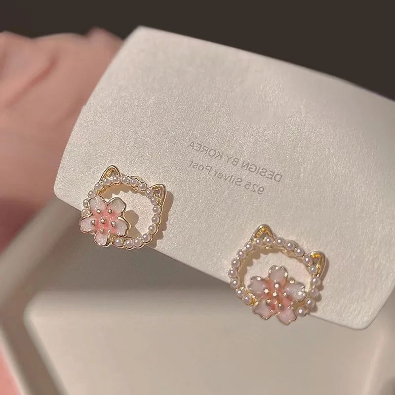 Boucles D'oreilles Sakura Cherry Blossom Cat, Boucles D'oreilles