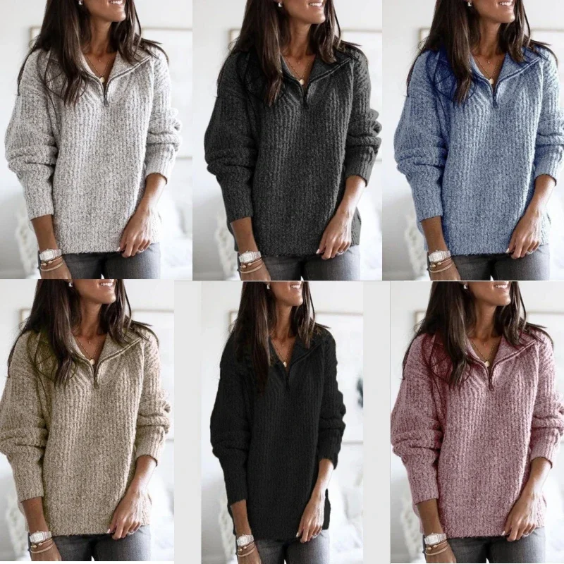 

Winter Women Fashion Slim Solid Color Knitted Sweaters Vintage Long Sleeve Zip-up Autumn Casual Female Pullovers Chic Tops 5XL