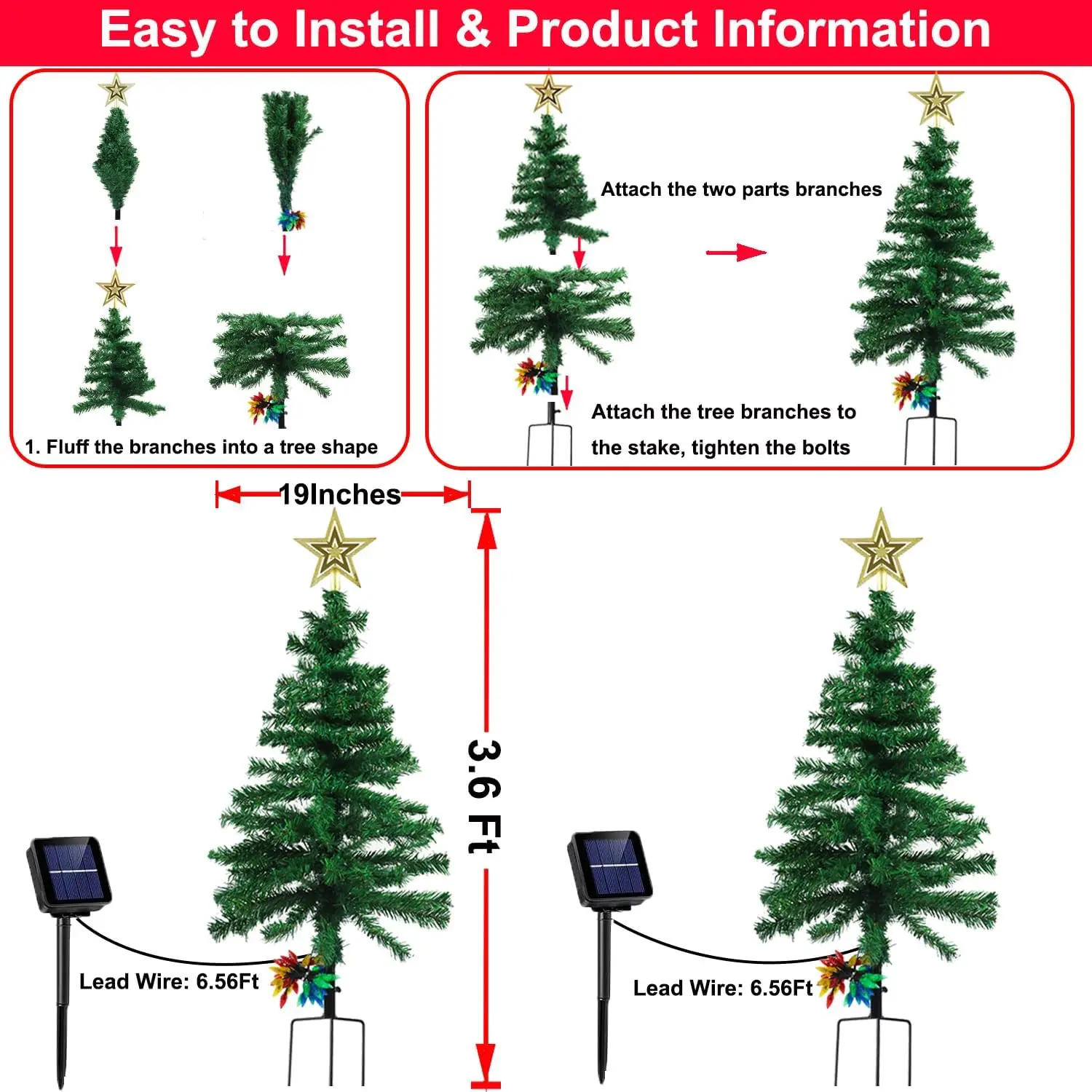 2-Pack 3.6FT Solar Christmas Tree Outdoor Christmas Decorations, 8 Modes Solar Xmas Tree Lights with 100 LED, Waterproof Solar
