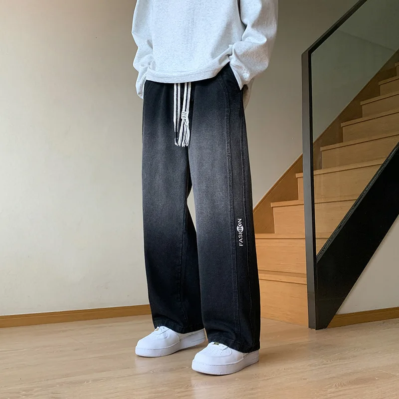 Jeans fall gradient wide leg straight pants high street loose casual retro washed cargo pants men joggers
