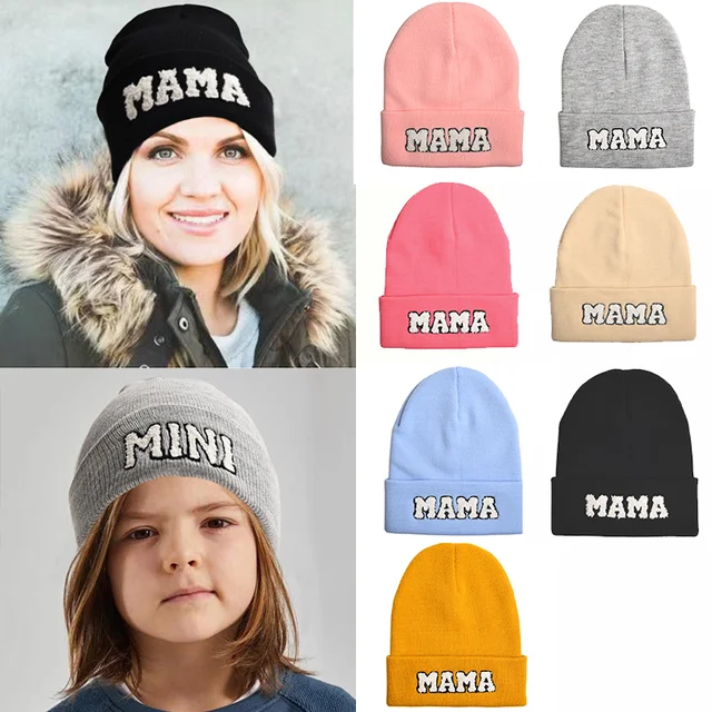 Bonnet tricoté avec pompon en laine pour mère et fille, bonnet d'hiver en  fausse fourrure avec Crochet, pour la famille - AliExpress