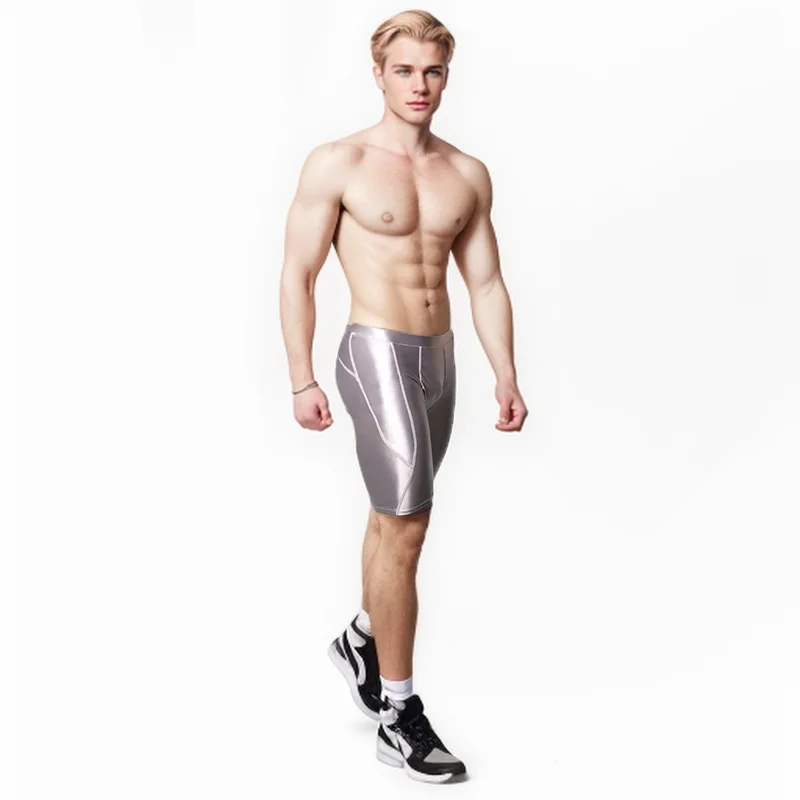 AMORESY Men's Sexy Smooth Shiny Medium Waist Sportswear Elastic Tights Silk Pants Running Sports Breathable Fitness Beach Shorts 3