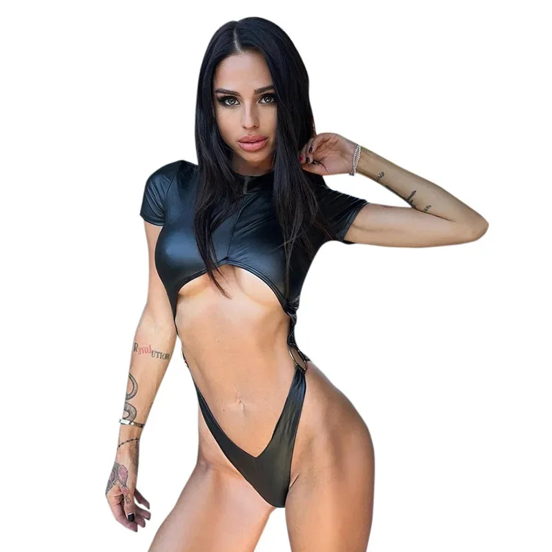 Body sexy de PU, lencería negra, top para mujer, atuendo rave, cuerpo femenino de manga corta, ahuecado, de una pieza, lencería sexy para mujer