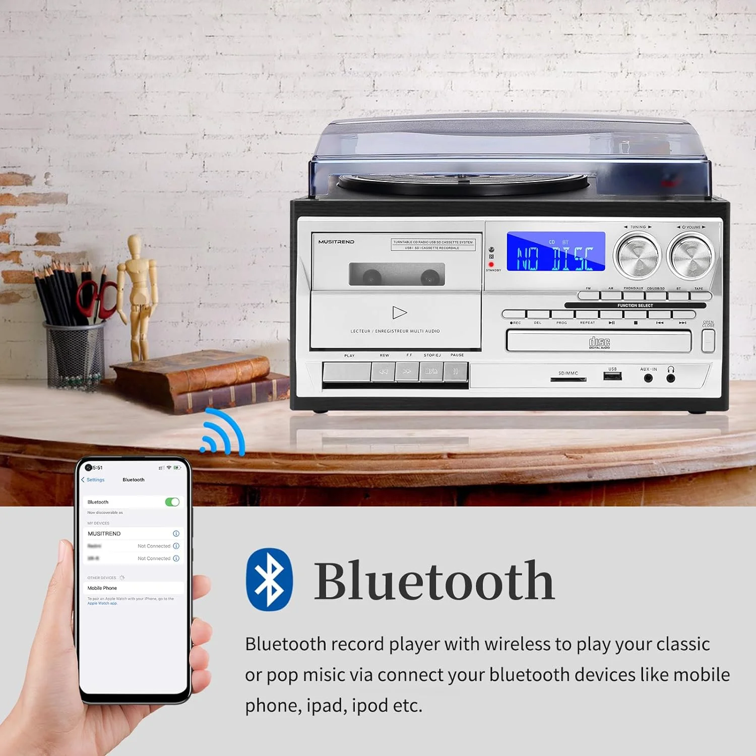 Vinyl record player Versatile Multifunctional Vintage Phonograph 3 Speed Adjustable Vinyl Record Player with Record Player CD Cassette FM/AM Radio