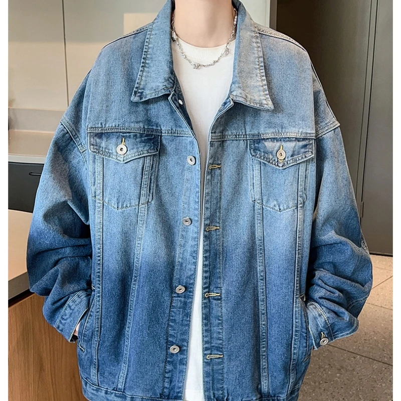 

Versatile Fashion Atutumn Winter Men's Solid Casual Loose Pockets Denim Jacket Retro Coat Cool Boys Gradient Color