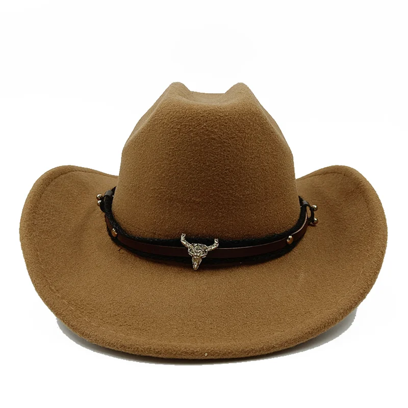  - Ethnic Style Cowboy Hat Fashion Chic Unisex Solid Color Jazz Hat With Bull Shaped Decor Western Cowboy Hats