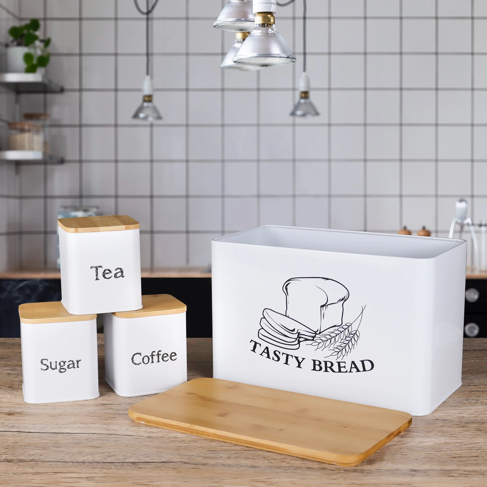 

Kitchen Storage Container Set 1pc Bread Bin with 3pcs Coffee Sugar Tea Jar Farmhouse Bread Box with Bamboo Board Cover White