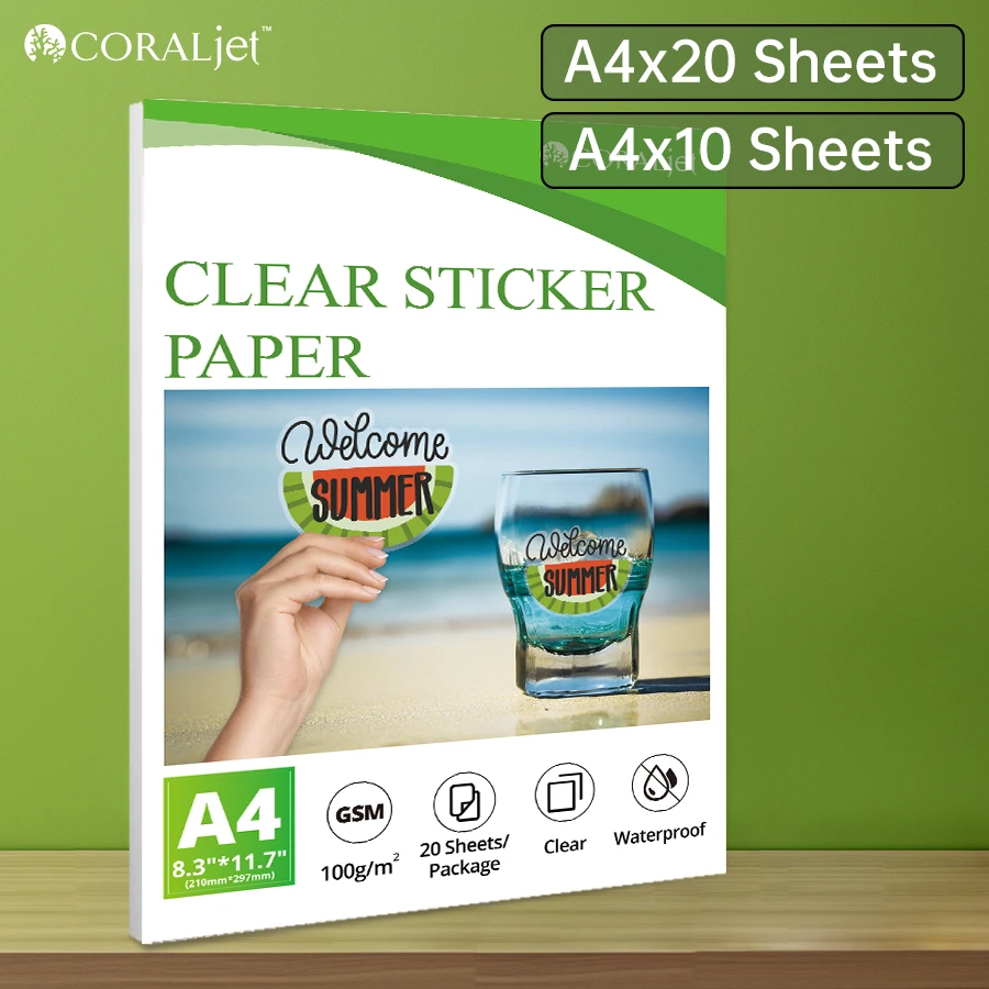 Coraljet 20 Sheets Clear Sticker Paper Waterproof Transparent A4 8.3"x11.7" Self-Adhesive for Inkjet Printer Glossy High Clarity sticker paper,printable sticker paper
