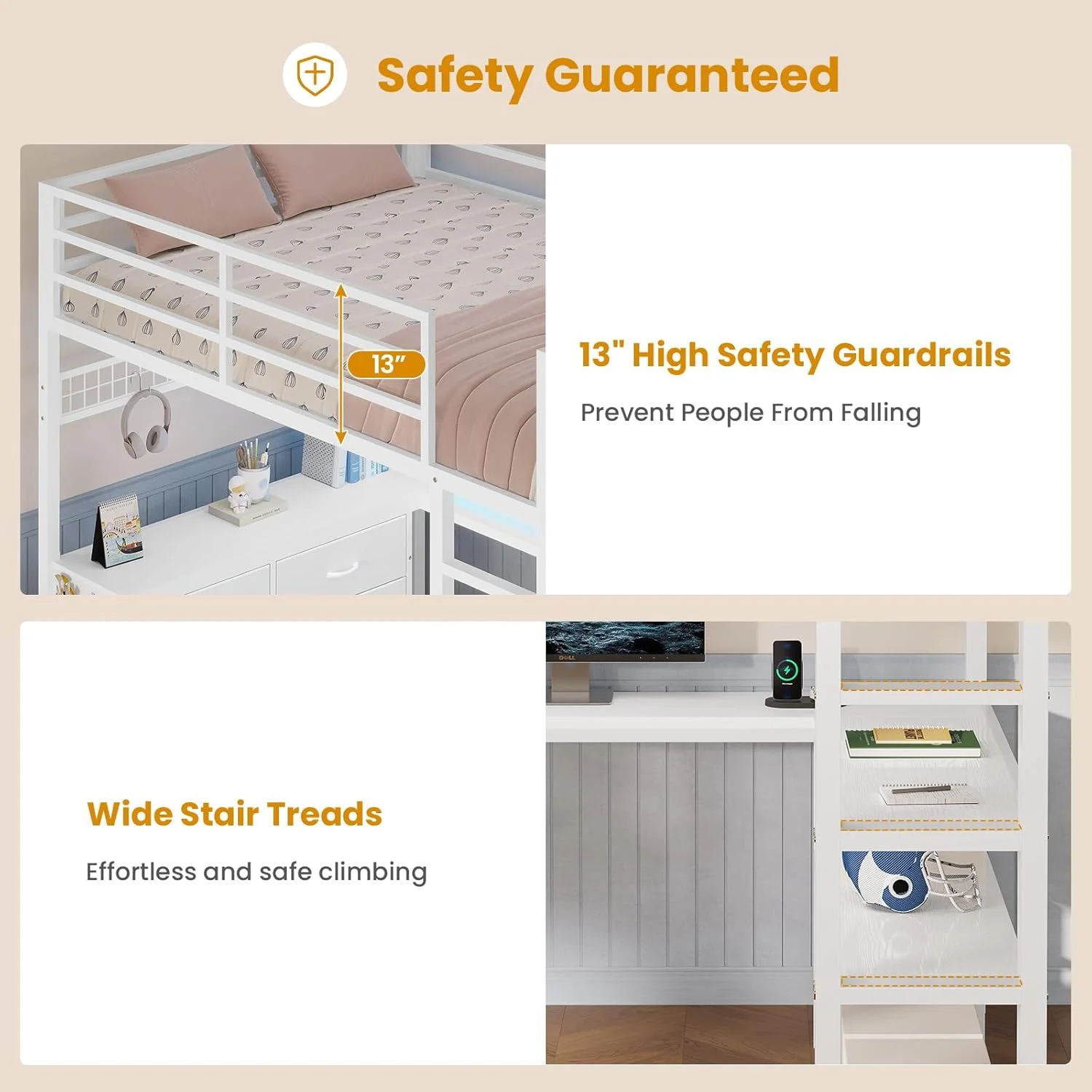 Loft Bed Full Size with U-Shaped Desk, 6 Storage Drawers, Power Outlet, LED Metal Loft Bed with 2 Storage Shelves