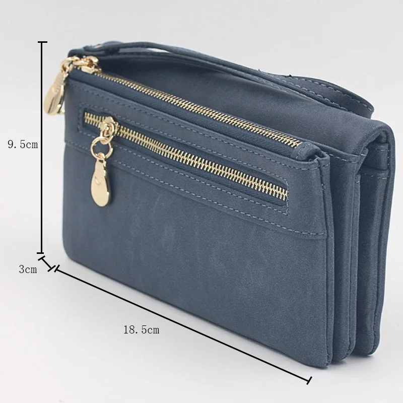Large Capacity Women's Dull Polish Leather Wallet Double Zipper Clutch Wristlet Purse Phone Coin Card Holder Multi-pocket Wallet 6