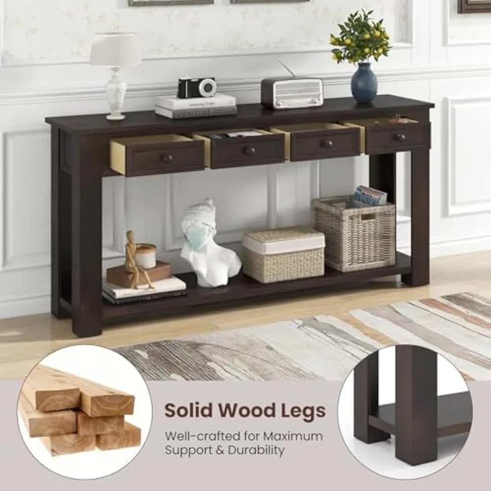 Farmhouse Entryway Table, Narrow Console Table w/ 4 Storage Drawers & Open Shelf, Rustic Long Sofa Table,  Hallway 5