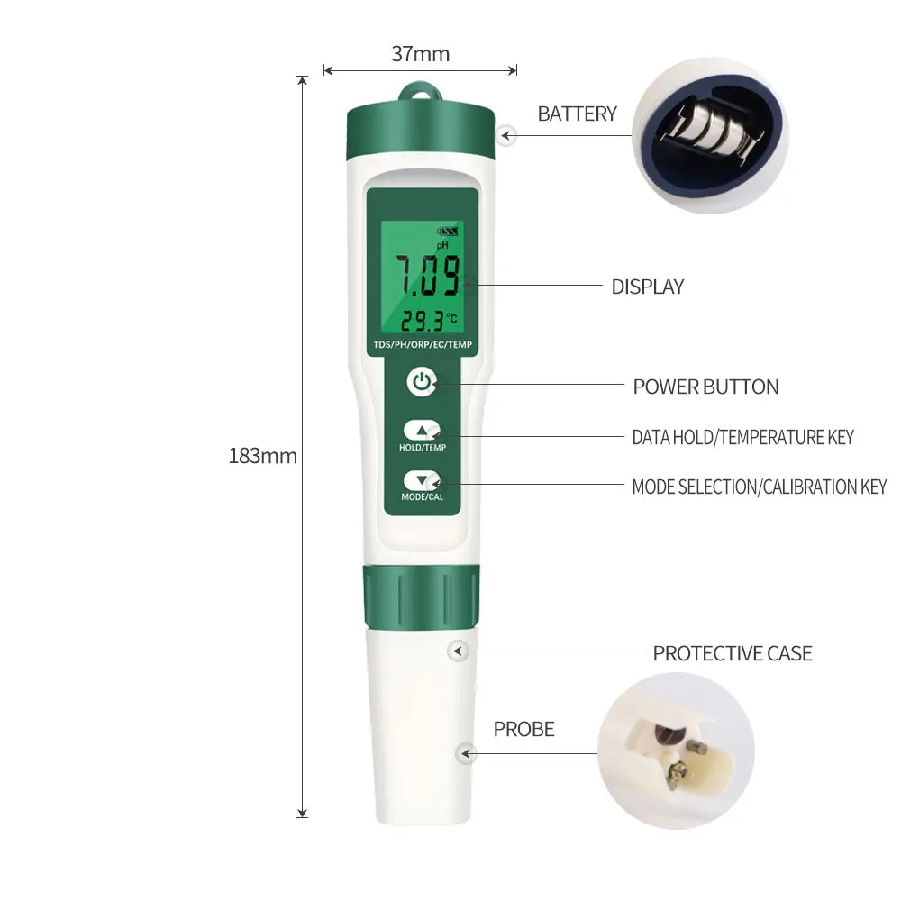 5 IN 1 Multi-Parameter Eau, Qualité, Testeur Moniteur Ph & Ec & Temp Mètre,  USA EUR 41,00 - PicClick FR