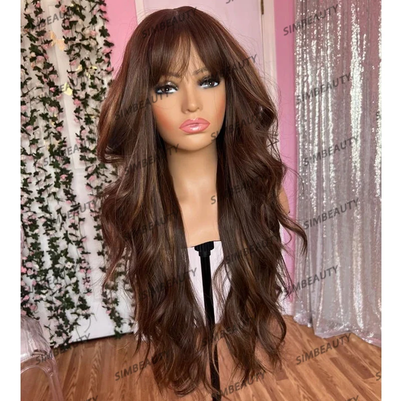 Highlight Fringe Lace Front Human Hair Women Wigs with Bangs Long Body Wave Balayage Brown 360 Lace Frontal Wig Natural Hairline