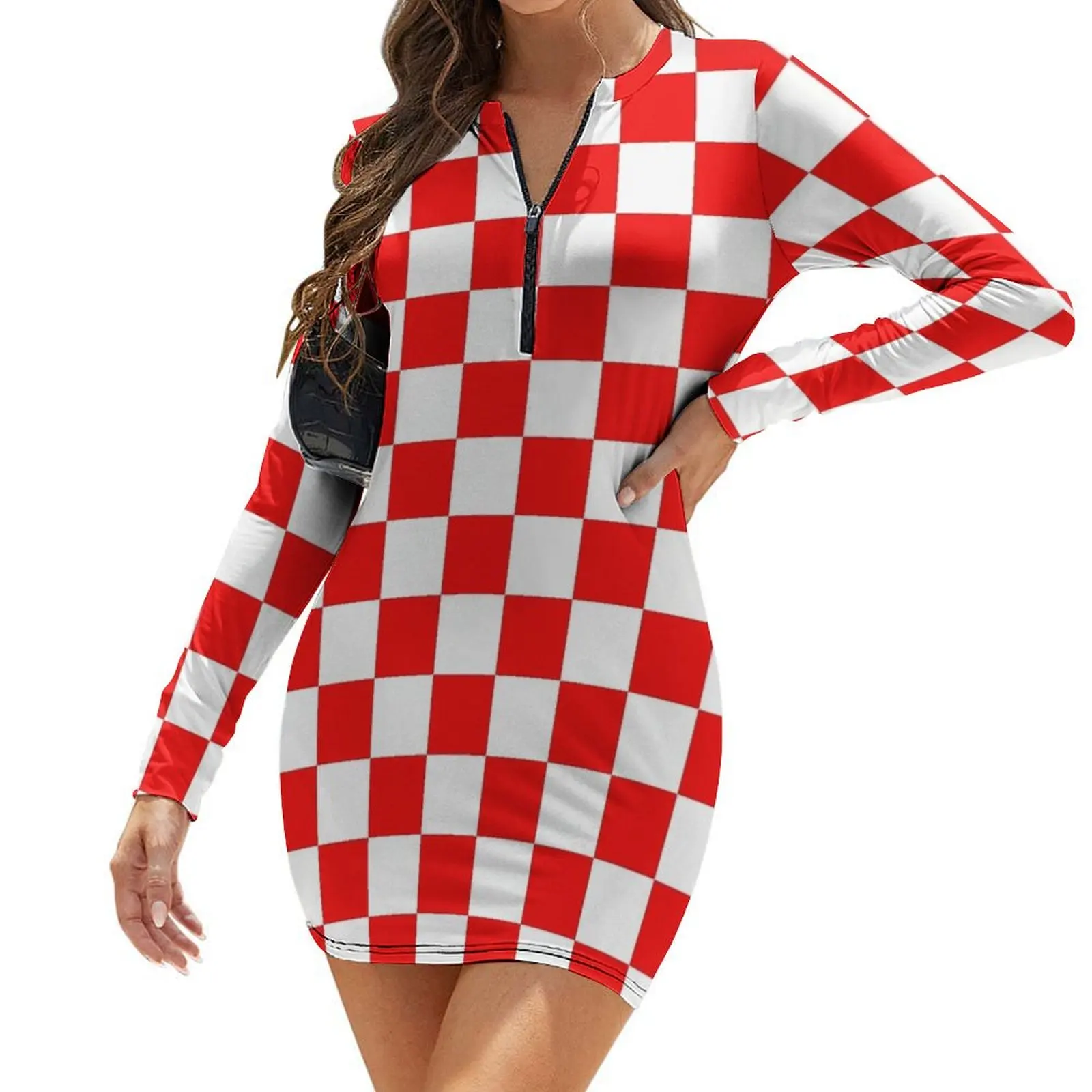 

Croatia Checkerboard Long-Sleeve Bodycon Dress summer clothes Elegant gown