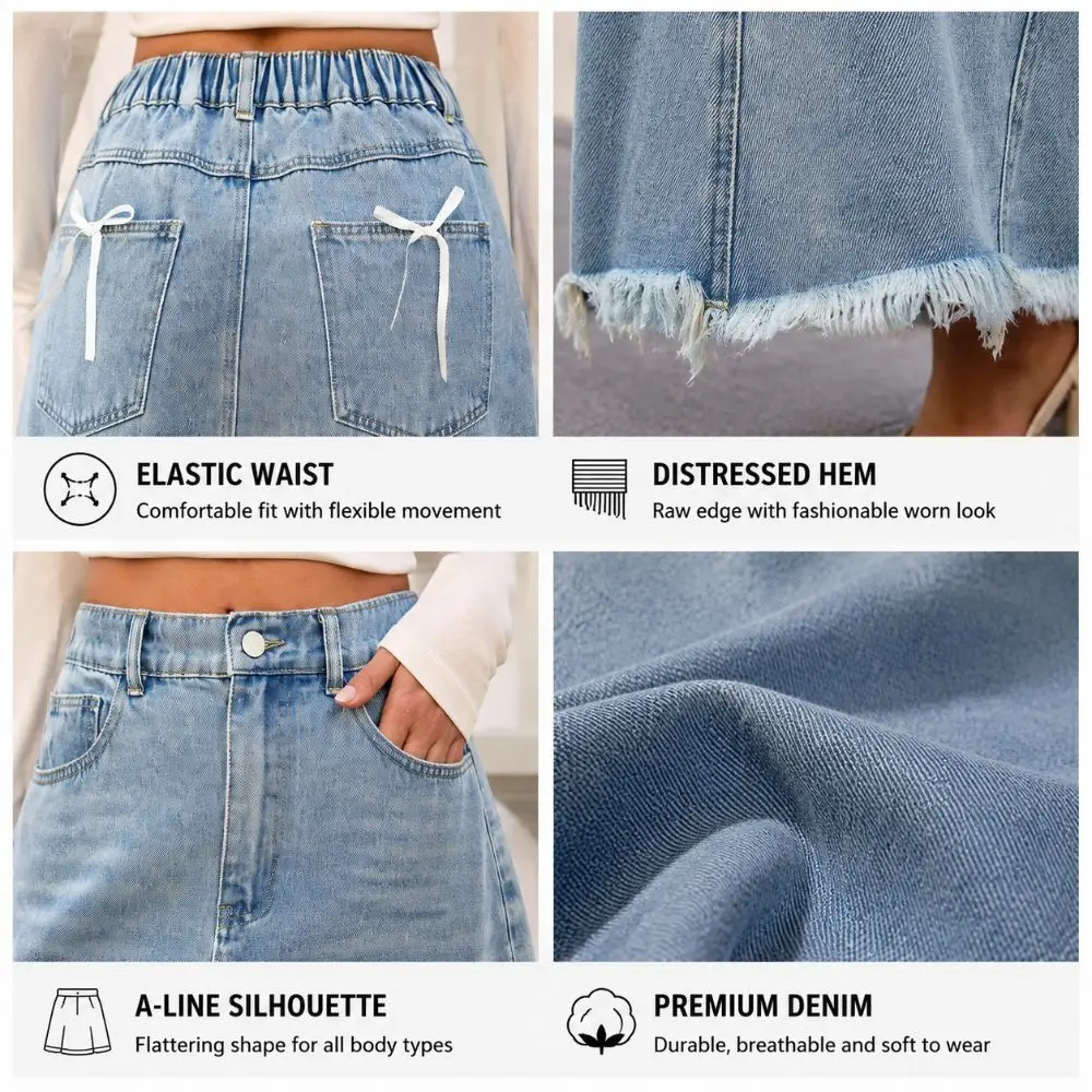 Jupe longue en jean délavé bleu classique pour femme, taille élastique, coupe trapèze décontractée, idéale pour l'été et le quotidien