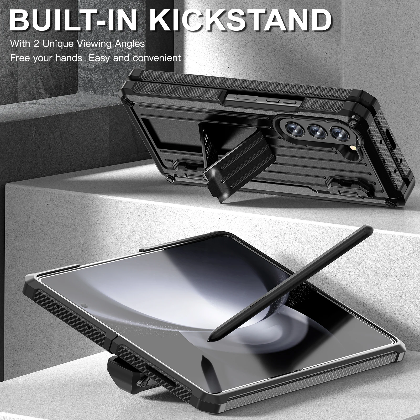 For Samsung Galaxy Z Fold 5 4 3 Case Shockproof Armor Foldable Hinge Pen Holder With Tempered Film Bracket Heavy Duty Hard Cover