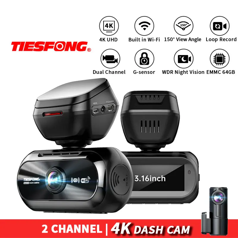 

TiESFONG A801 Dash Cam 4K UHD Front Car DVR and Rear Camera with 140° Wide Angle WDR Night Vision Video Recorder Built-in WiFi