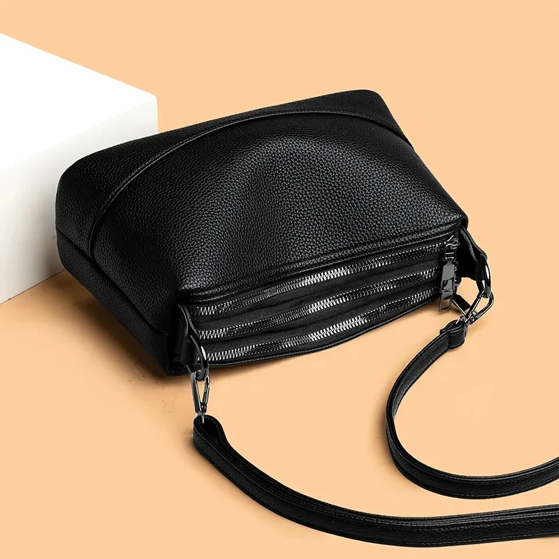 2024 Large Capacity Women's Handbags 3-Layer Zipper Solid Color PU Leather Lady's Shoulder Bags Female Cross Body Handbag