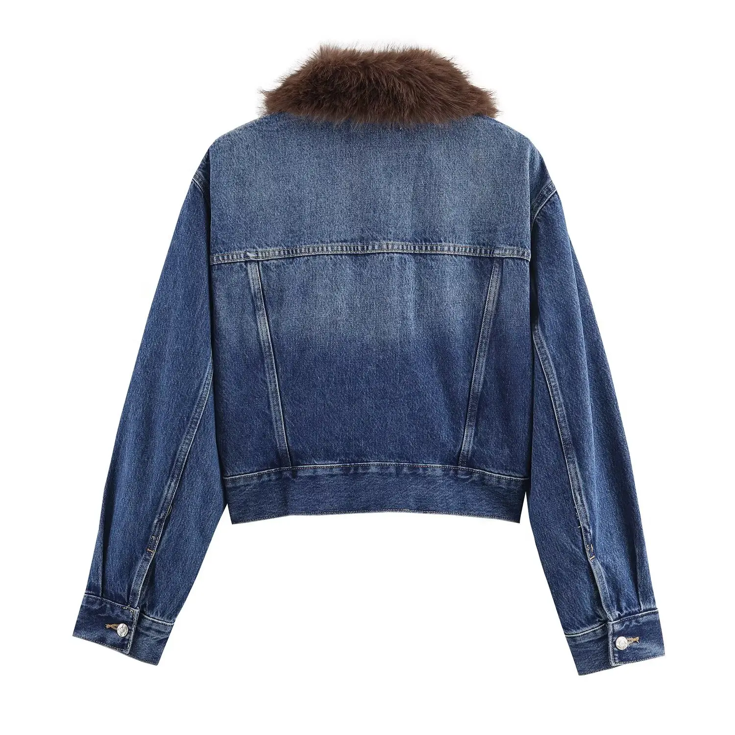 Women's Faux Fur Collar Denim Short Jacket Female Single Breasted High Waisted Long Sleeved Autumn Winter Warm Jacket Streetwear