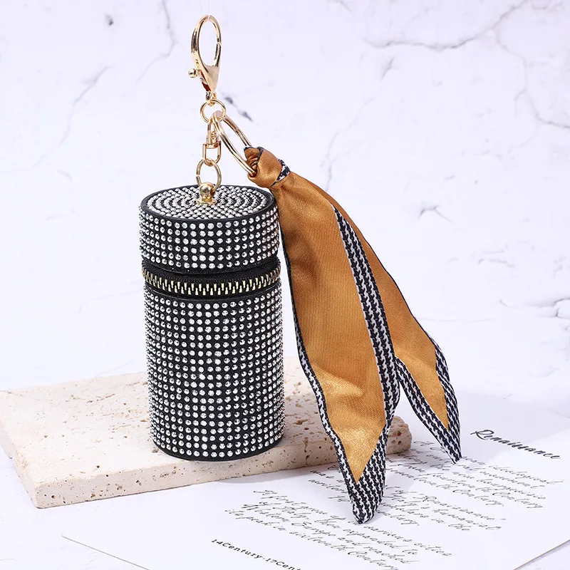 Creative Designer Leather Keychain Mini Cylinder Exquisite Makeup Lipstick  Holder Storage Bag Trendy With Silk Scarf Key Chain - Buy Leather