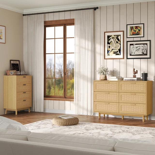 Meubles de chambre à coucher naturels Rosahqnda, commode, armoire de rangement en rotin avec 4/6/1 tiroirs, table d'appoint pour salon 1
