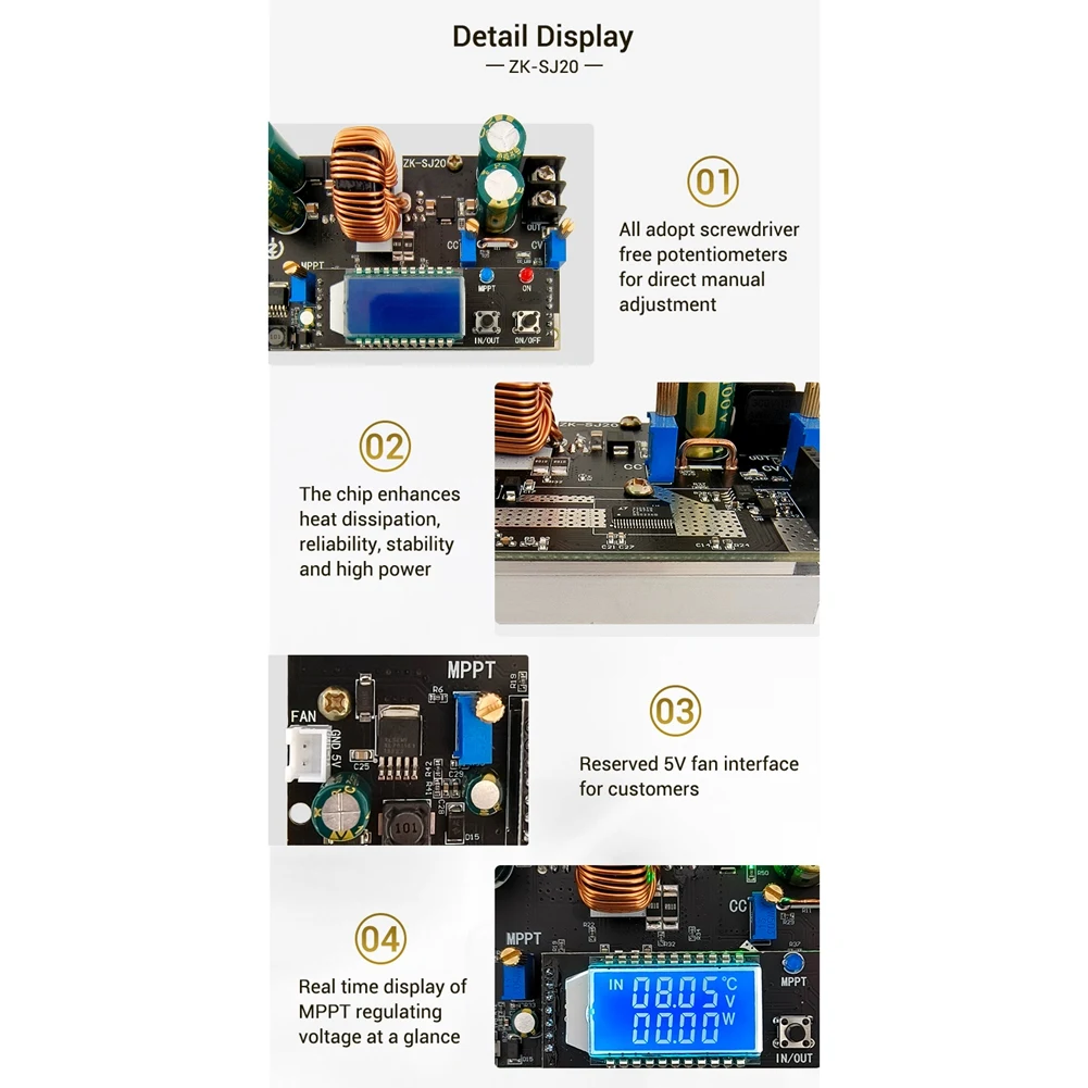 ZK-SJ20 Automatic Step Up Down Module MPPT with LCD Display Buck Boost Converter Power Supply Module Adjustable Board