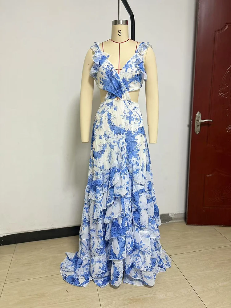 Flounce Split Backless Strap Dresses Spring Women Sleeveless Printing Big  Swing Dress Summer High Waist Loose Floor Length Dress - AliExpress  200000345